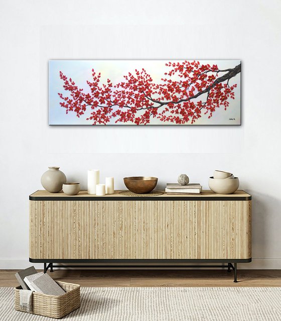 Red Cherry Blossom - Extra Large Textured Flowers Painting
