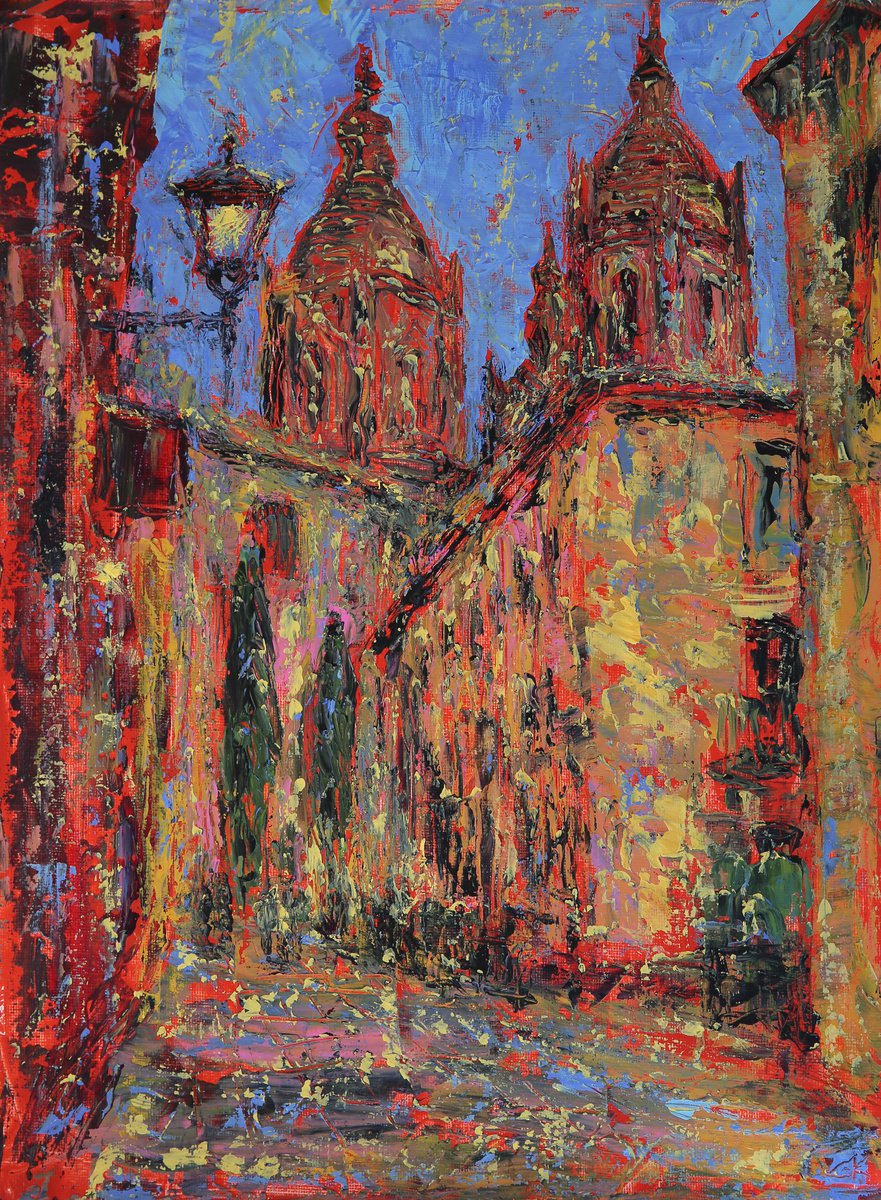 Abstract art painting of the Salamanca old city street by Denis Kuvayev