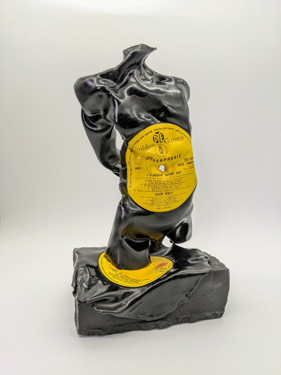 Glasgow/Rolling Stones Vinyl Music Record Sculpture on Stone in yellow and black