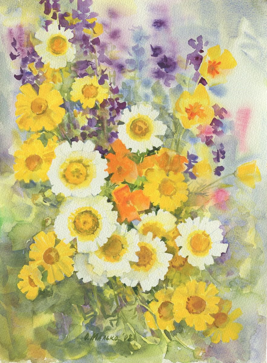 Impressionistic Botanical Watercolour By Olha Malko, 11 X 15", Bright Summer Bouquet, Original Artwork
