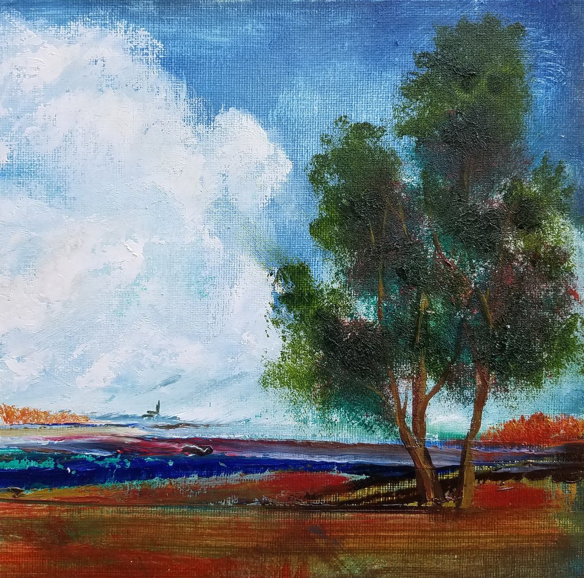 Impressionistic Landscape Oil Painting By Kevin Blake, 8 X 8", Distant Church, Original Artwork
