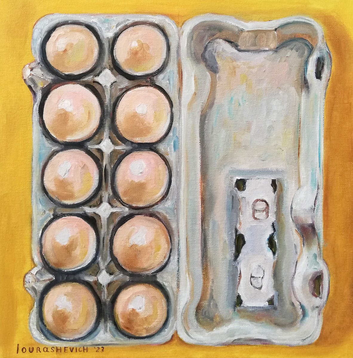 Eggs in a Carton Original Oil on Canvas Board Painting 12 by 12 inches (30x30 cm) by Katia Ricci