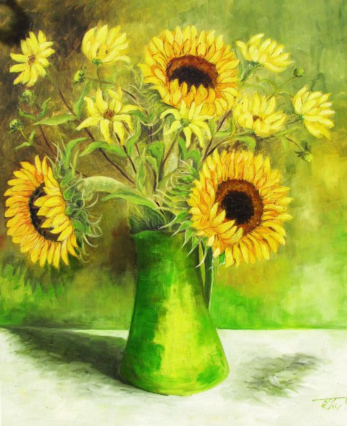 Sunflowers in Green Jug by Christine Gaut