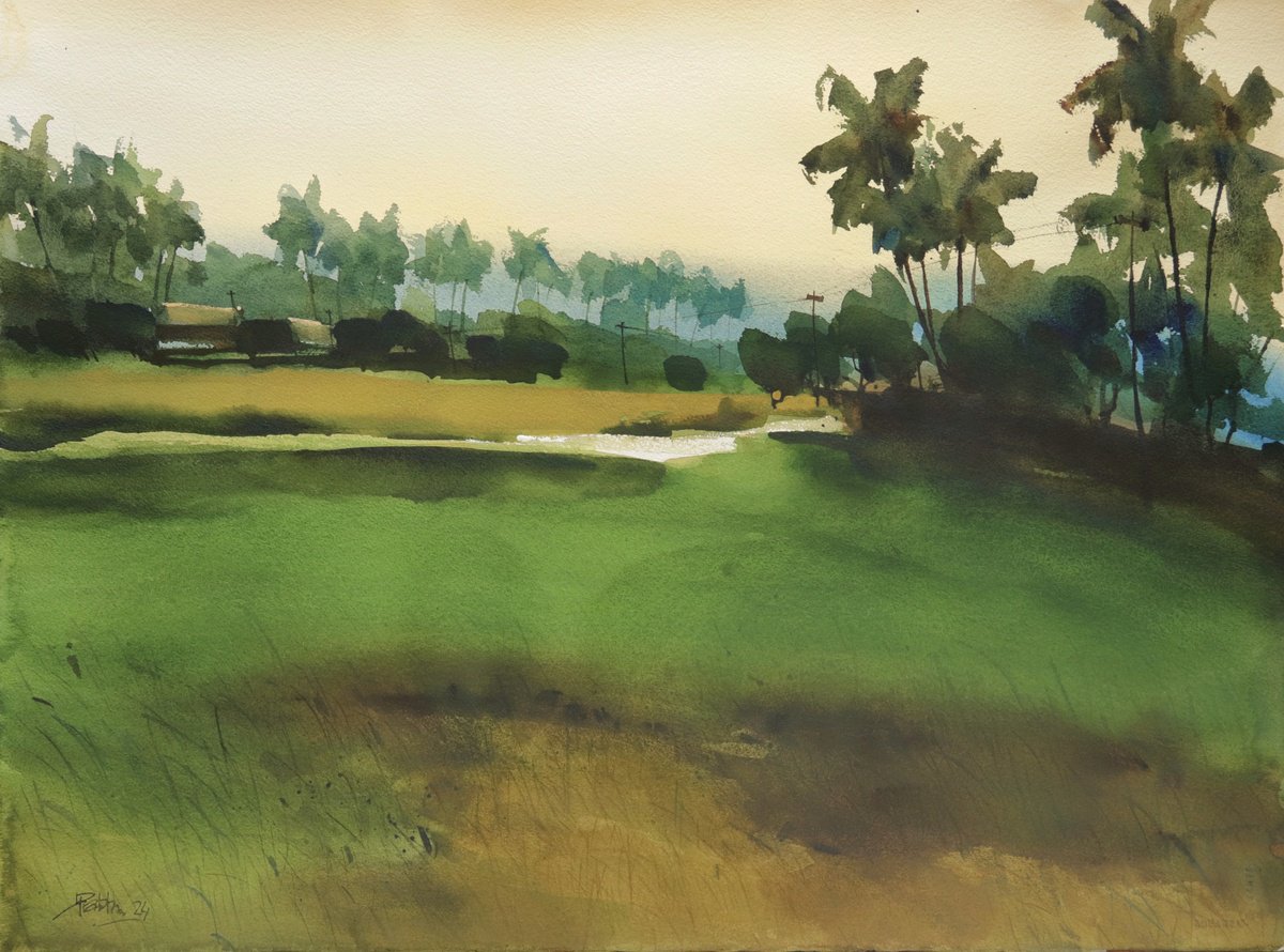 Impressionistic Landscape Watercolour By Prashant Prabhu, 30 X 22", Coconut Palms, Village Evening, Original Artwork