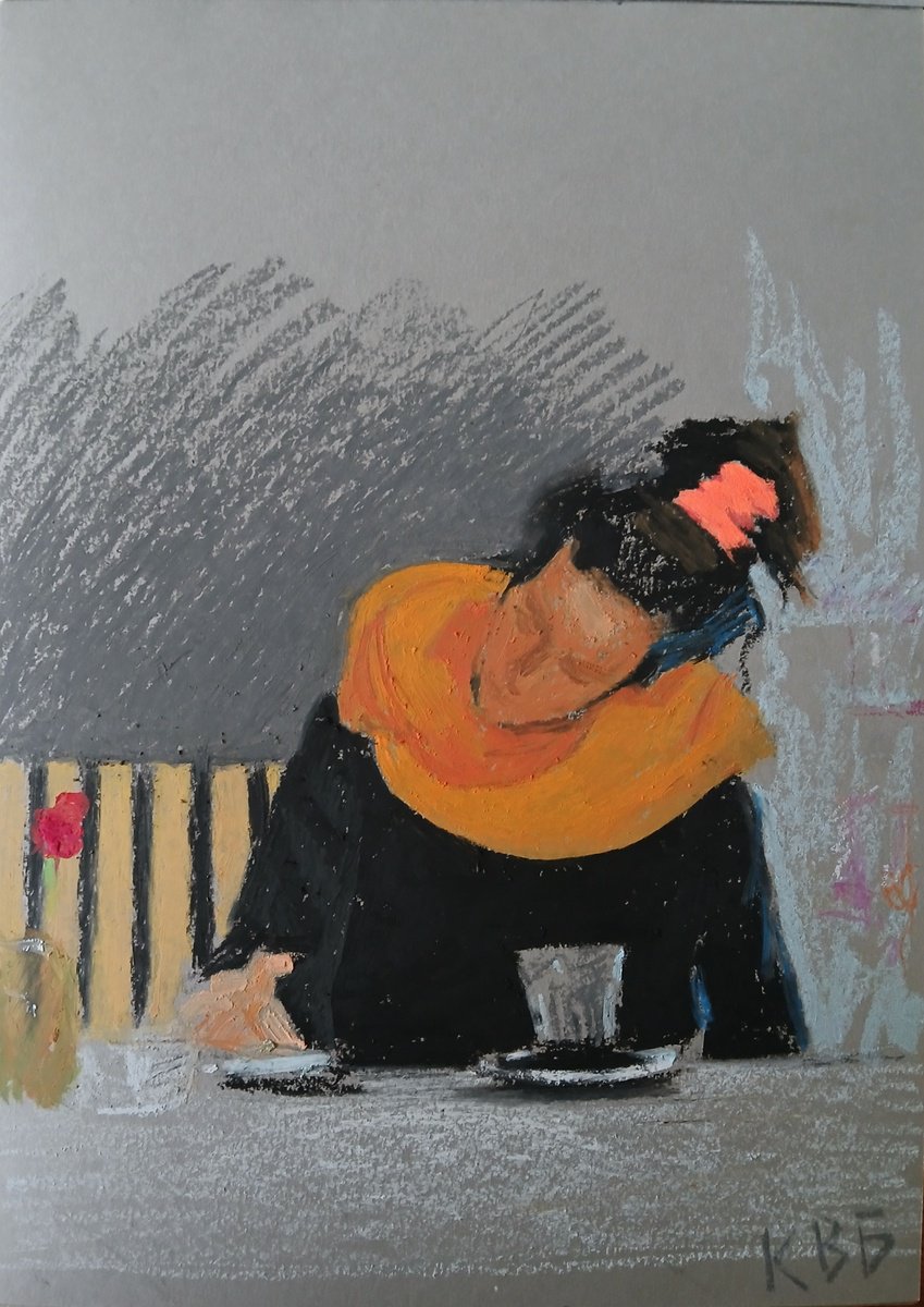 Graphic Pastel Drawing , In The Cafe By Vasyl Koval, 12 X 16, Artwork For Sale On Artfinder