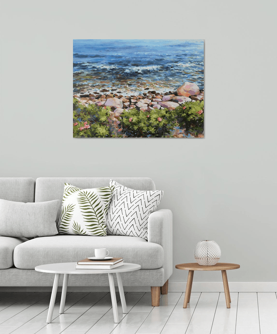 "Rose bushes by the shoreline", original one of a kind acrylic on canvas impressionistic painting (30x40")