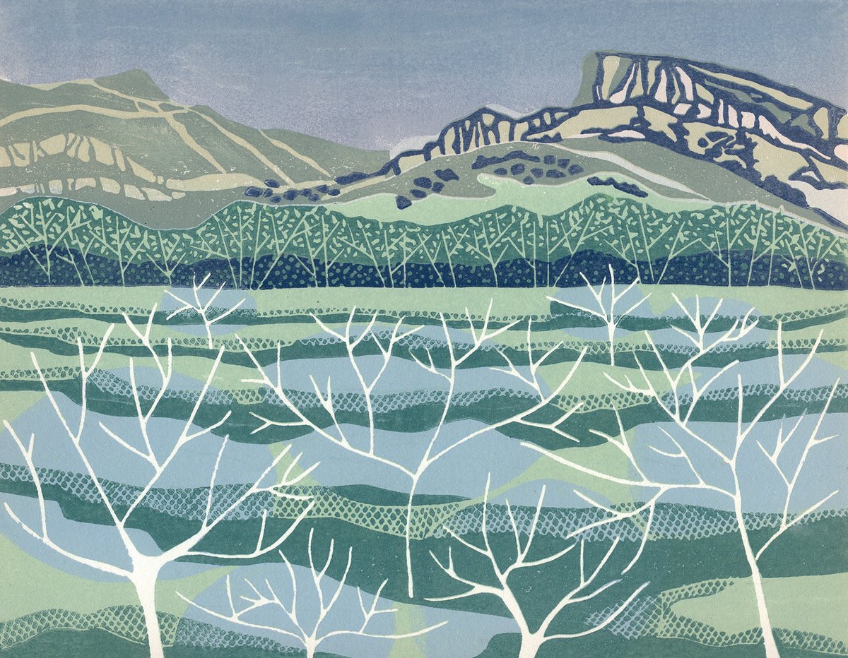 Illustrative Landscape Linocut By Kate Goetz, 13 X 11", Dusk At Kartchner Caverns, Original Artwork
