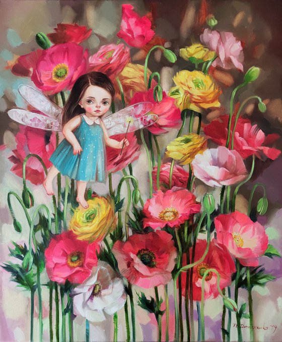 Whimsical flower Fairy canvas painting in oil, Pop surrealism art, Girl art