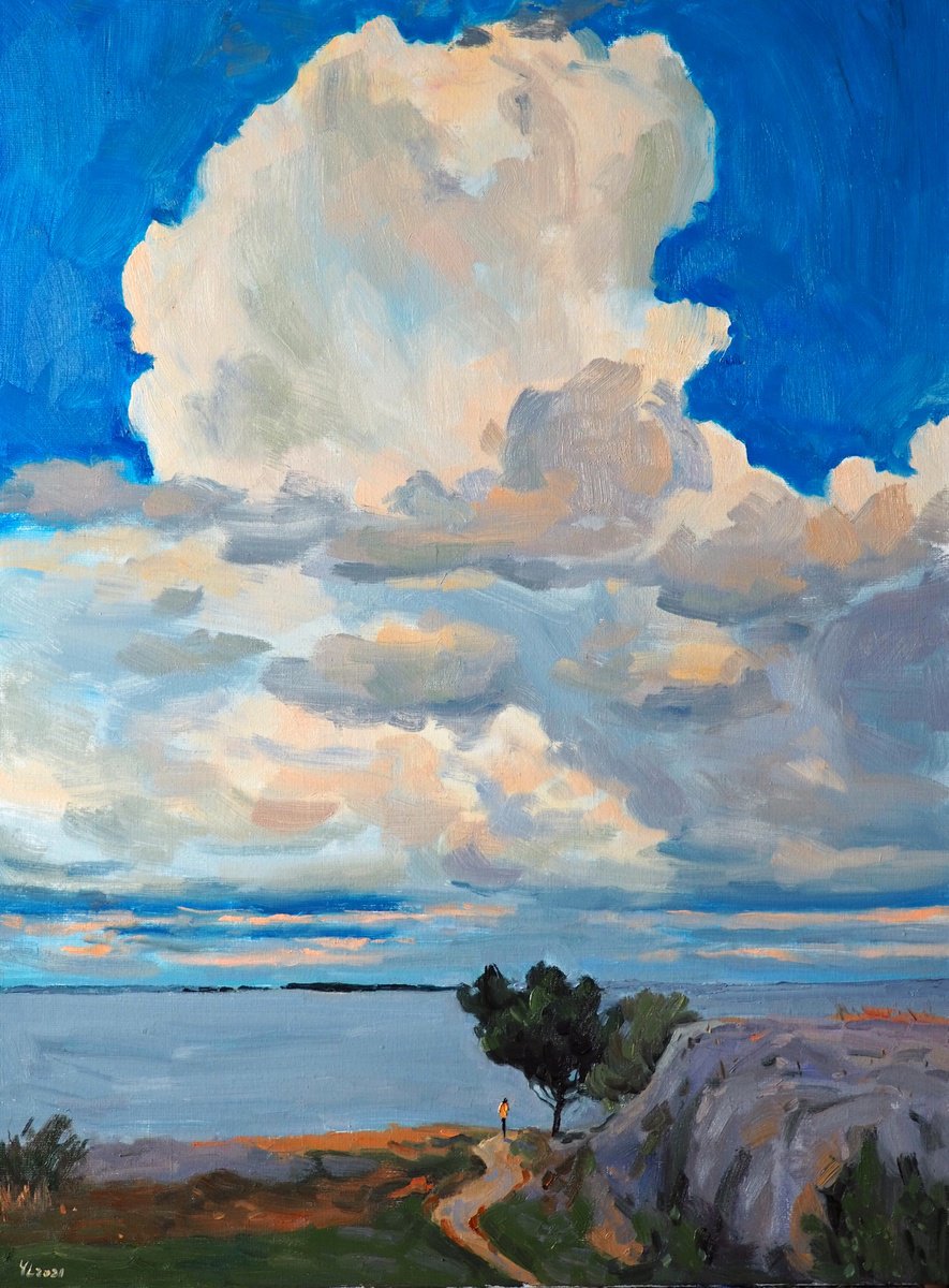 Impressionistic Landscape Oil Painting By Yuanyuan Liu, 24 X 31", Sea View, Original Artwork