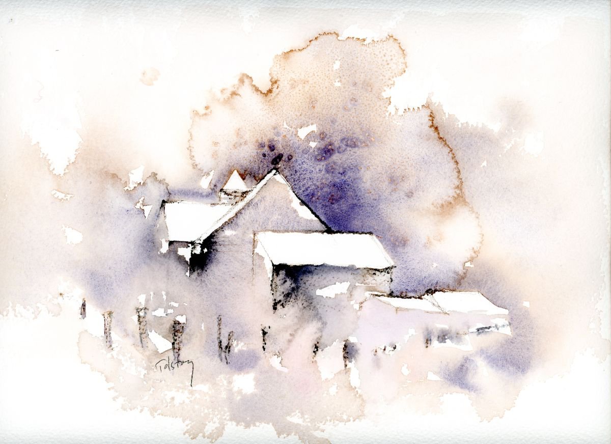 Impressionistic Cityscapes Watercolour By Alex Tolstoy, 14 X 10, Snow Scene And Fence, Original Artwork