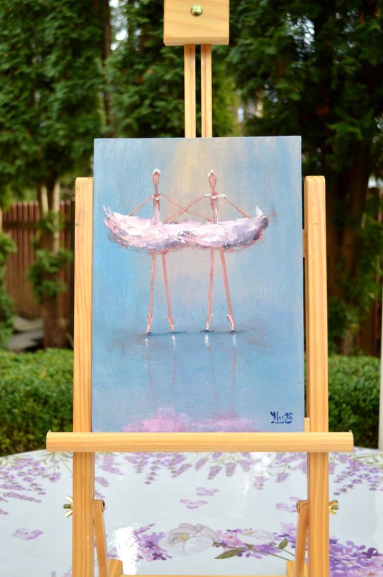 2 Funny pink ballerinas. Miniature impasto.