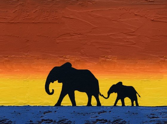 original abstract animal art acrylic original landscape african "elephants of the sudan" africa animal painting art canvas animal art - 48 x 20"
