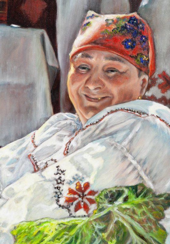 Cheerful Market Seller - original painting woman portrait folk