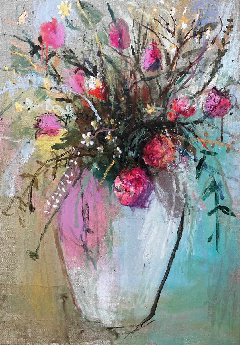 Sandy Dooley | Original Acrylic Painting | Autumn Flowers In A White Vase | 70 X 100Cm | Artwork For Sale On Artfinder