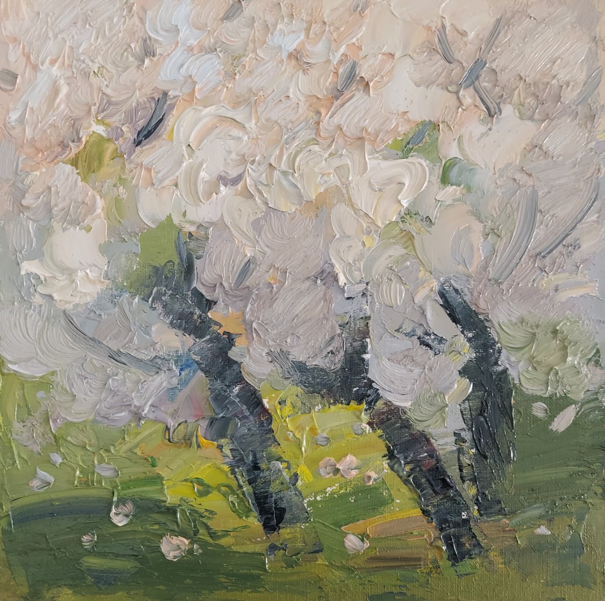 Impressionistic Landscape Oil Painting By Olena Kolotova, 8 X 8", Sketch "Blooming Tree", Original Artwork
