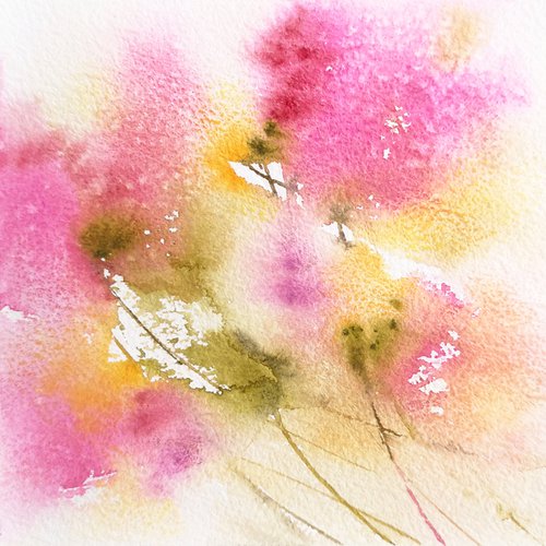Soft pink abstract flowers, small watercolor painting by Olga Grigo