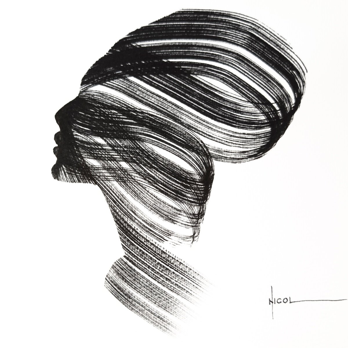 Expressive Portrait Ink Drawing By Nicol Vacaru, 8 X 8", Where Silence Begins, Original Artwork