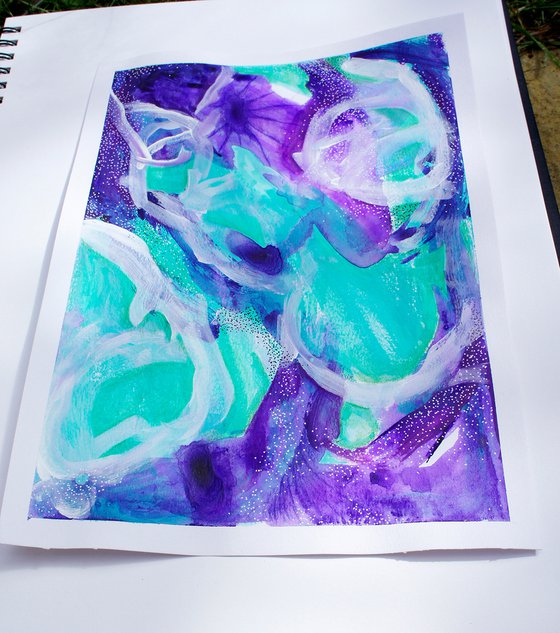 Aqua and Purple 3 - abstract painting on A4 paper
