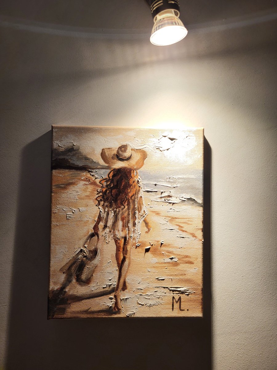 Expressive Portrait Oil Painting By Monika Luniak, 9 X 12", " Beach Walk ", Original Artwork