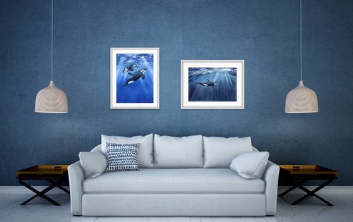 Set of two paintings. Killer whales underwater. Original watercolor artworks. by Evgeniya Mokeeva