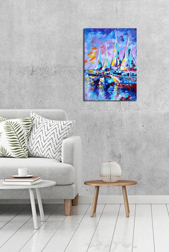 Calm in the ocean - yachts at sunset, sea and sky, yacht, oil painting, boats, sunset, yacht club, seascape, sea with yachts, yacht original painting, gift for man