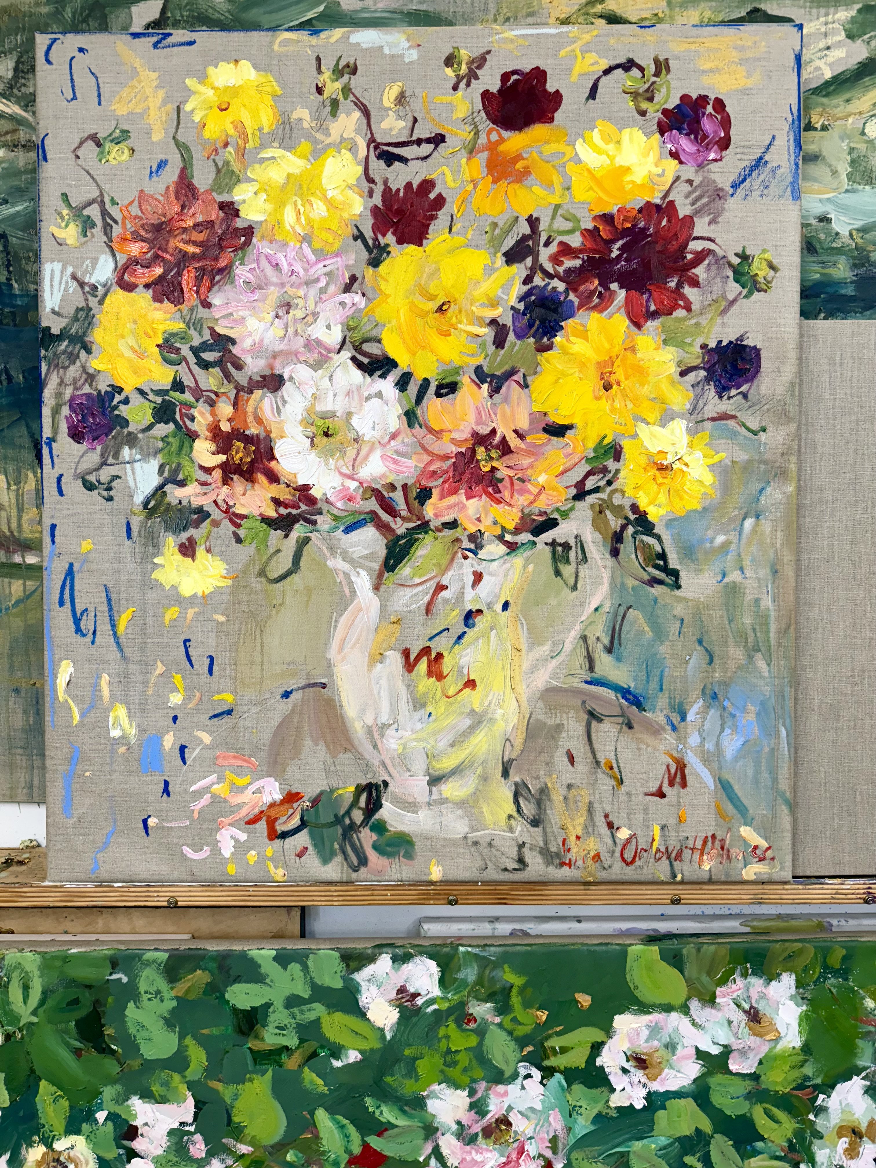 Expressive Botanical Oil Painting By Lilia Orlova-Holmes, 31 X 35", Colourful Dahlias, Original Artwork