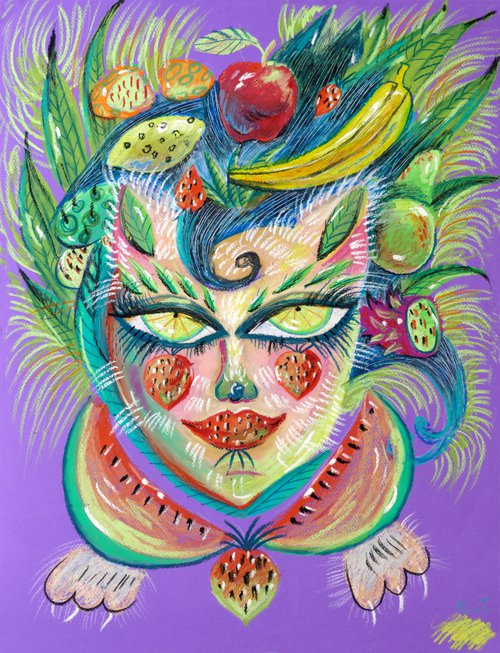 Fruit cat. Bright portrait of a fantasy cat by Anna Onikiienko