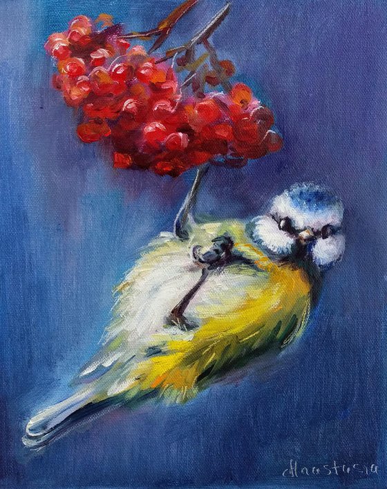 Winter Garden Birds Chickadee on Blue Red berries Nature Painting