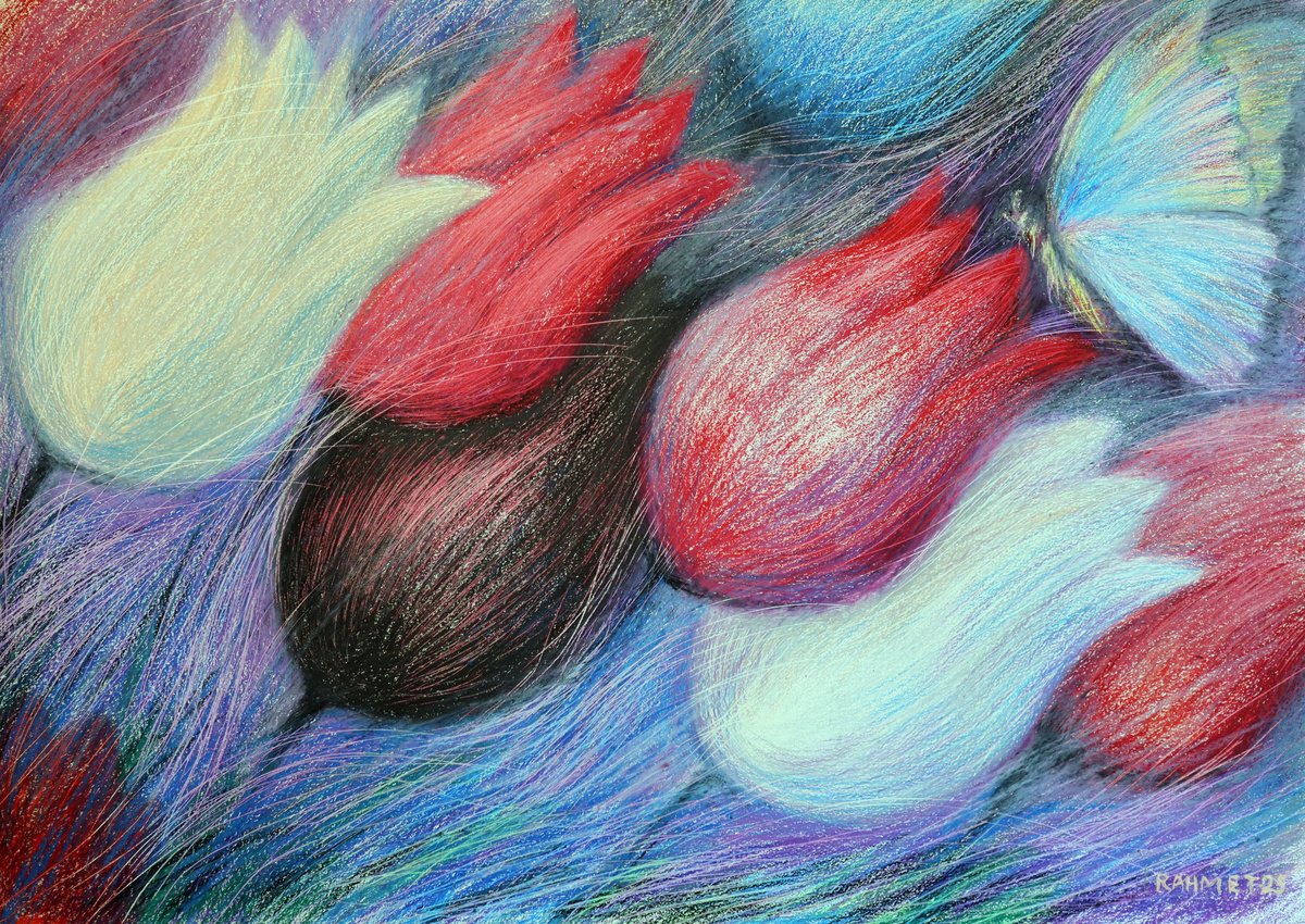 Impressionistic Botanical Acrylic Painting By Rakhmet Redzhepov, 34 X 24", Tulips And Butterfly, Original Artwork