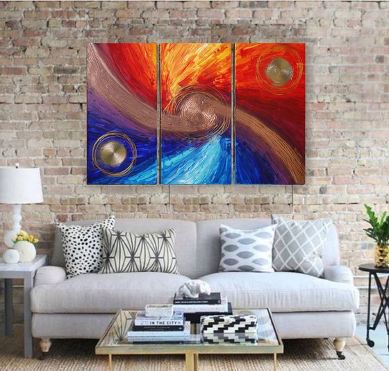 Rainbow A321 Large abstract paintings Palette knife 100x150x2 cm set of 3 original abstract acrylic paintings on stretched canvas