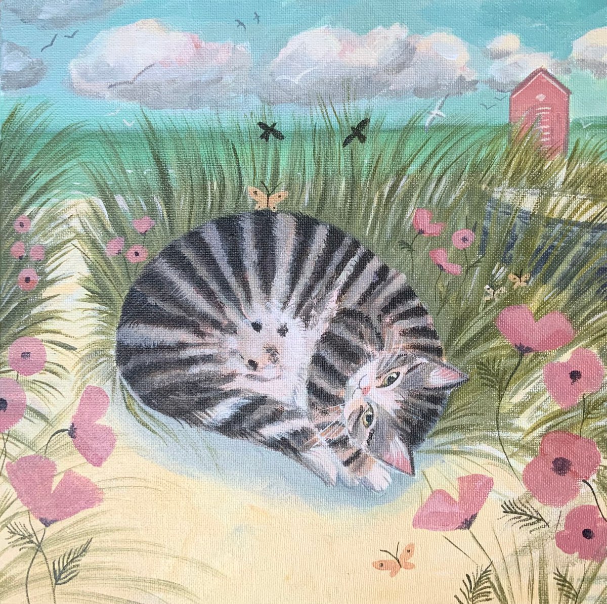 Impressionistic Animal Acrylic Painting By Mary Stubberfield, 12 X 12", Tabby Nap On The Beach, Original Artwork
