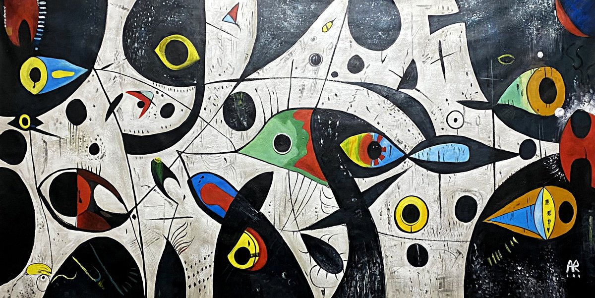 Expressive Abstract Acrylic Painting By Angel Rivas, 79 X 39, Dreams Of Miro, Original Artwork