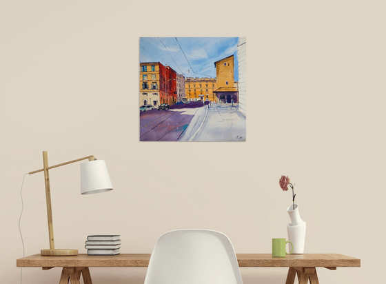 Rome street. Light and shadow with city view. Medium format watercolor urban landscape italy sea bright architecture old travel