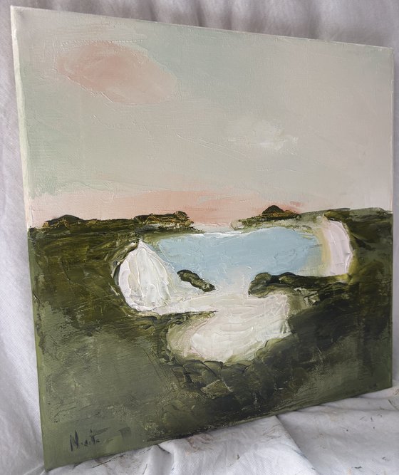 Impasto abstract seascape cliffs calm.