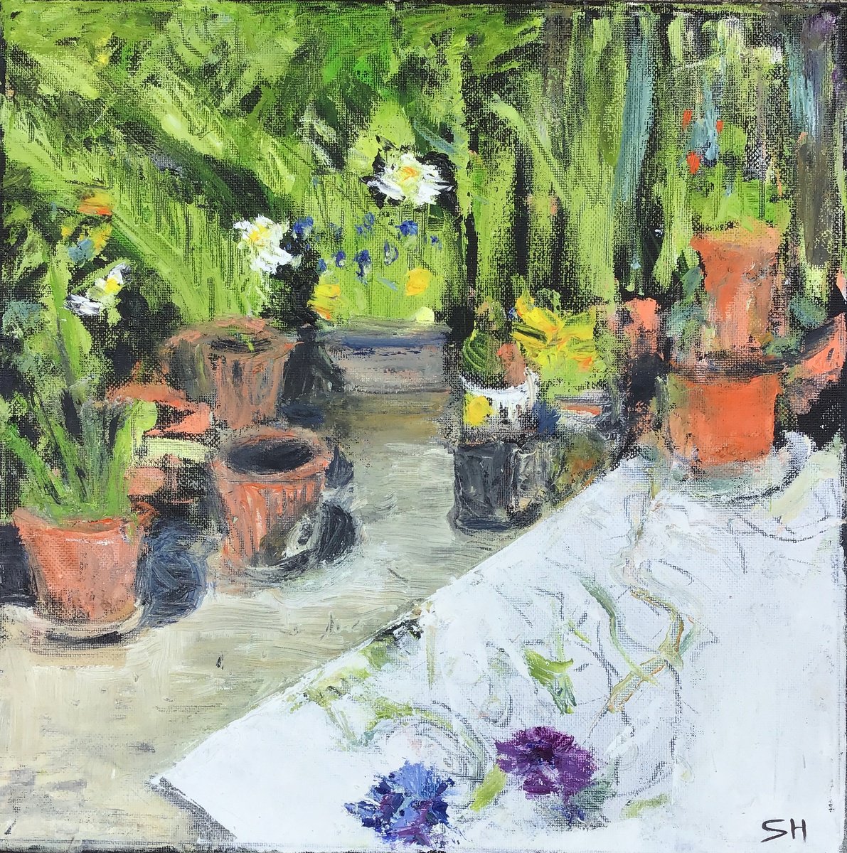 Impressionistic Botanical Oil Painting By Sandra Haney, 12 X 12", Summer Pots, Original Artwork