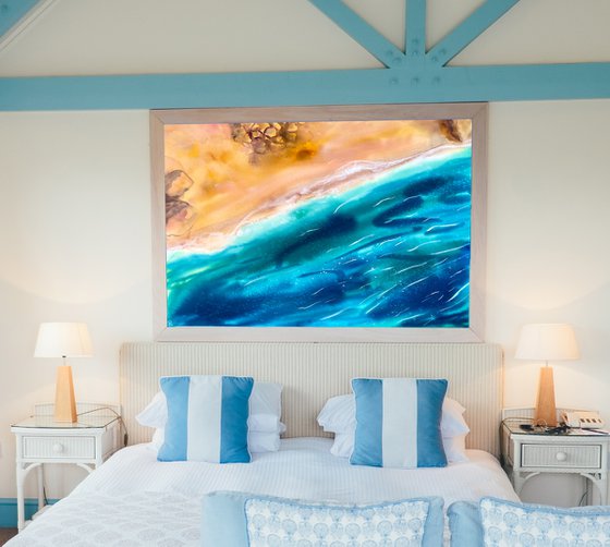 Ocean Original Watercolor Painting, Beach Wall Art, Coastal Landscape Artwork, Large Aerial Picture