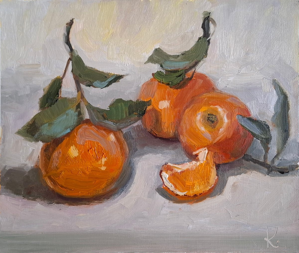 Impressionistic Still Life Oil Painting By Olena Kolotova, 12 X 10", "Mandarinen With Leaves", Original Artwork
