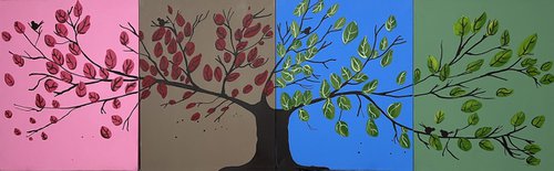 tree of life painting in a quadriptych style, for home office or nursery , original extra large wall art in acrylic hand made " Tree of Life " contemporary birds 64 x 20" by Stuart Wright