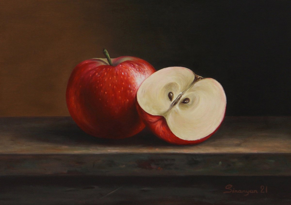 Photorealistic Still Life Oil Painting By Gevorg Sinanian, 11 X 8, Red Apple Delight, Original Artwork