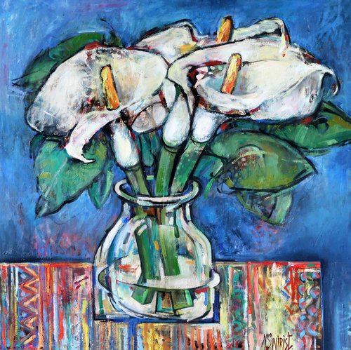 Calla flowers and colored tablecloth. by Nicephorus Swirist