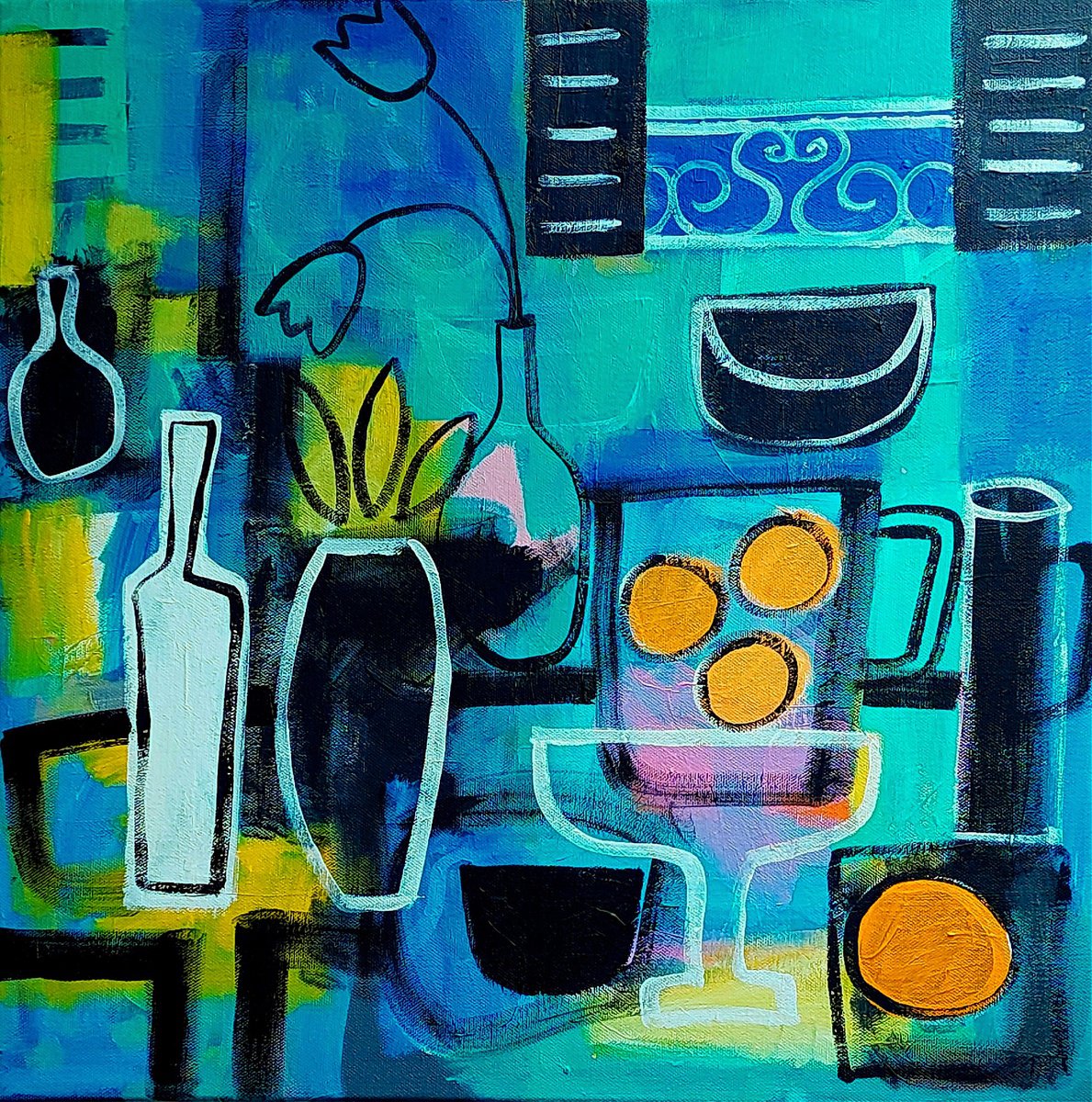 Abstract Still Life Acrylic Painting By Jan Rippingham, 20 X 20, Abstract Still Life & Oranges, Original Artwork