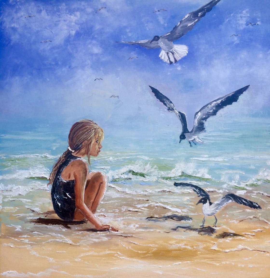 20*16 original oil paintings. Girl watching popular on seagulls by the ocean