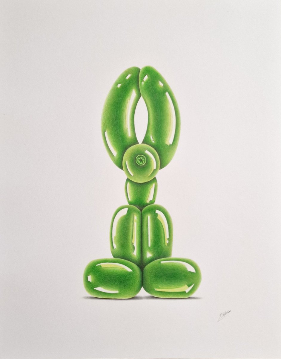 Urban And Pop Still Life Pencil Drawing By Daniel Shipton, 16 X 20, Green Balloon Dog, Original Artwork