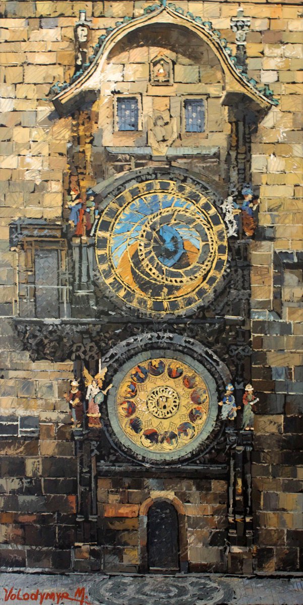 Impressionistic Cityscapes Oil Painting By Volodymyr Melnychuk, 20 X 39", Old Clock Of The City Of Prague., Original Artwork