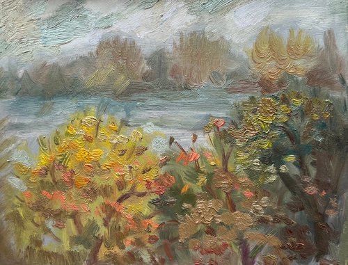 Fall autumn day, Ukraine miniature oil painting by Roman Sergienko