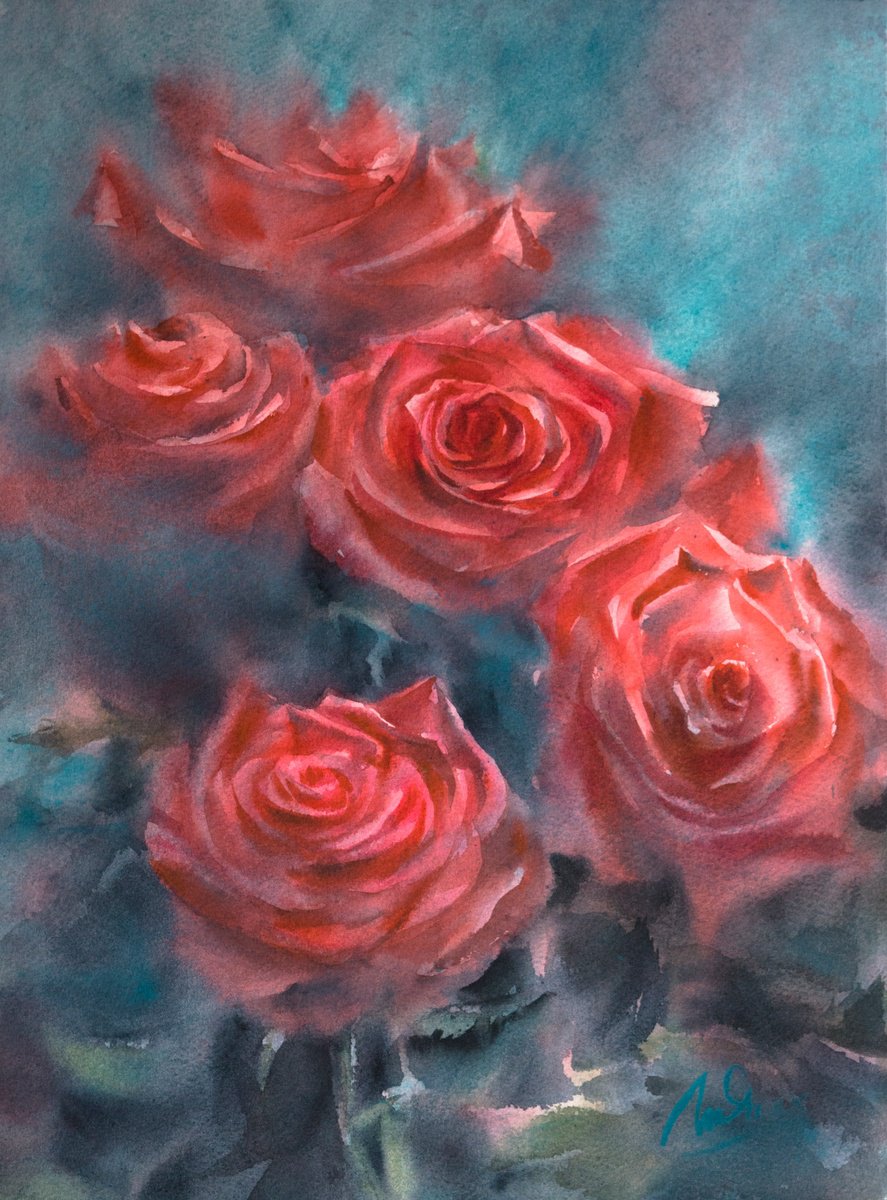 Impressionistic Botanical Watercolour By Lida Duchnewitsch, 16 X 20", Roses, Original Artwork