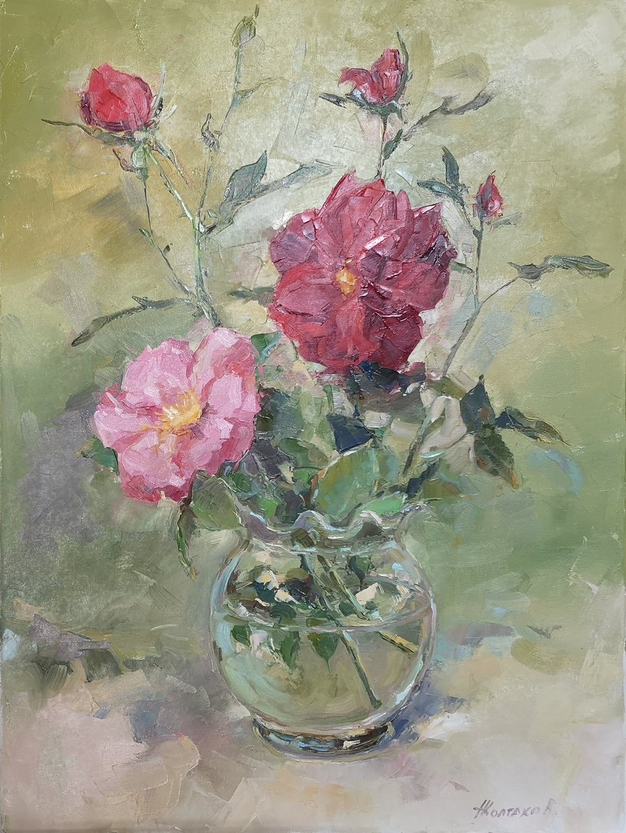 Impressionistic Botanical Oil Painting By Alexander Koltakov, 18 X 24, Wild Roses, Original Artwork