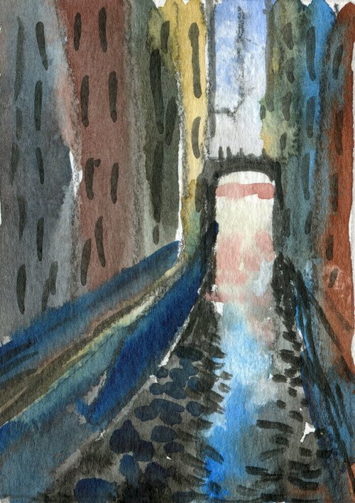 Dark Canal Venice; Original Watercolour ACEO by Elizabeth Anne Fox