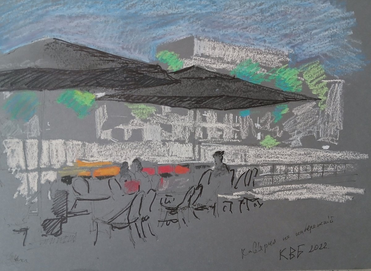Graphic Cityscapes Pastel Drawing By Vasyl Koval, 12 X 8", Cafe On The Embankment, Original Artwork