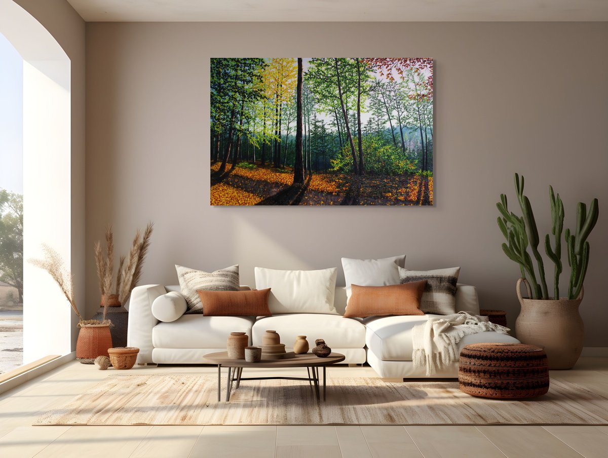 Impressionistic Landscape Oil Painting By Hazel Thomson, 59 X 39, Autumn Forest Light, Original Artwork